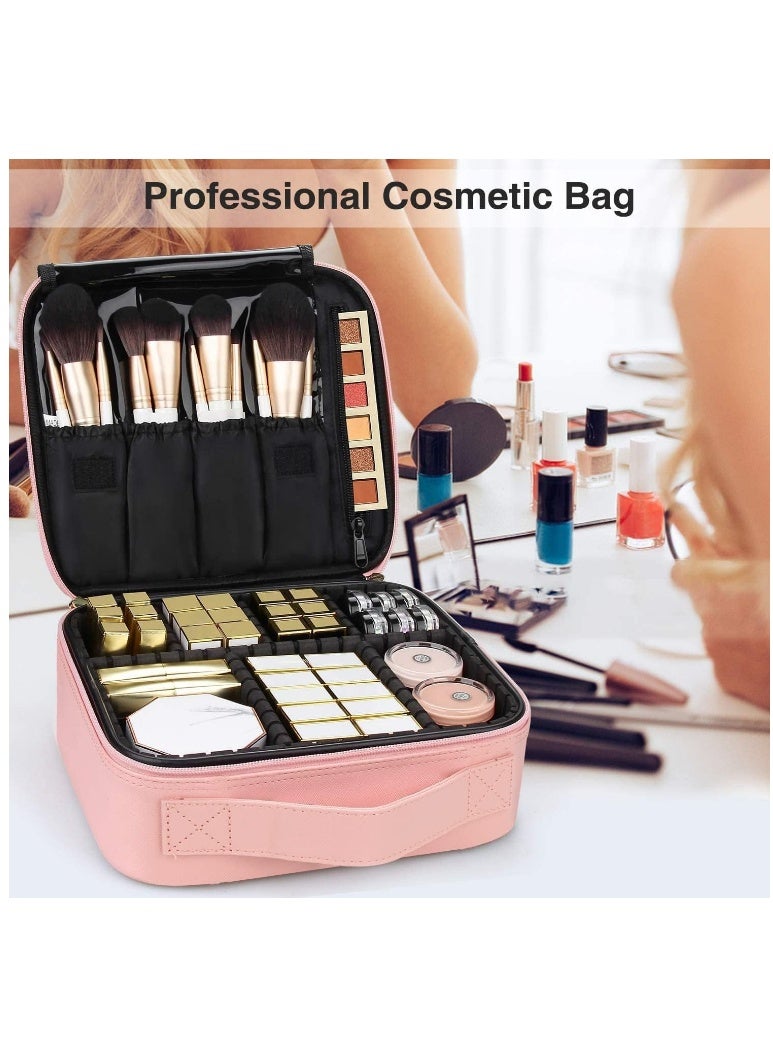 Large capacity travel makeup bag, waterproof Oxford cloth portable storage box/makeup case, cosmetic and brush organizer with adjustable dividers (pink) - Image 5